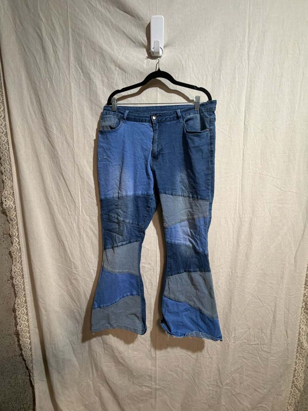 Patchwork Flare Denim Jeans, Blue Multi-Color Blocked